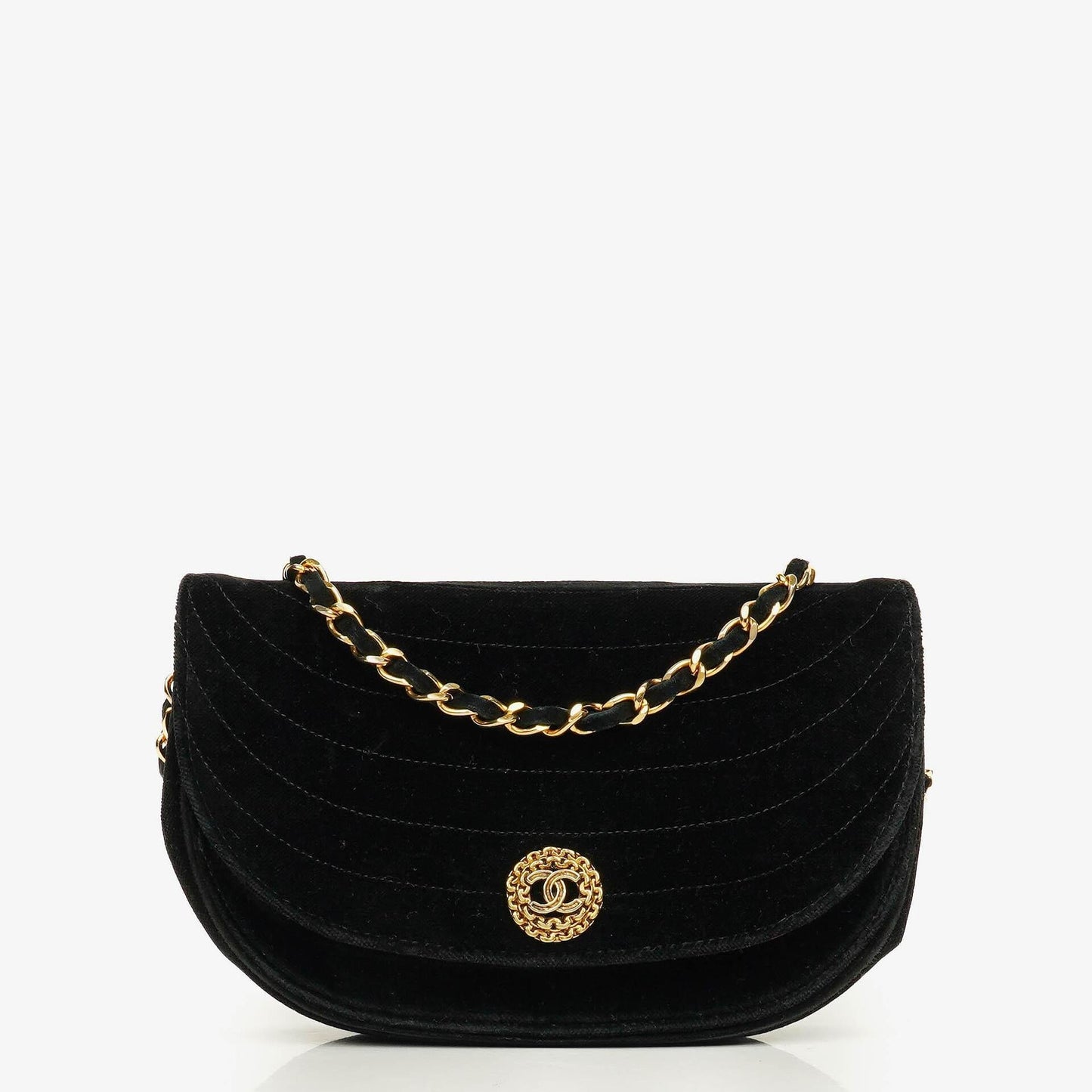 Chanel kleine Halbmond Flap Bag aus schwarzem Samt