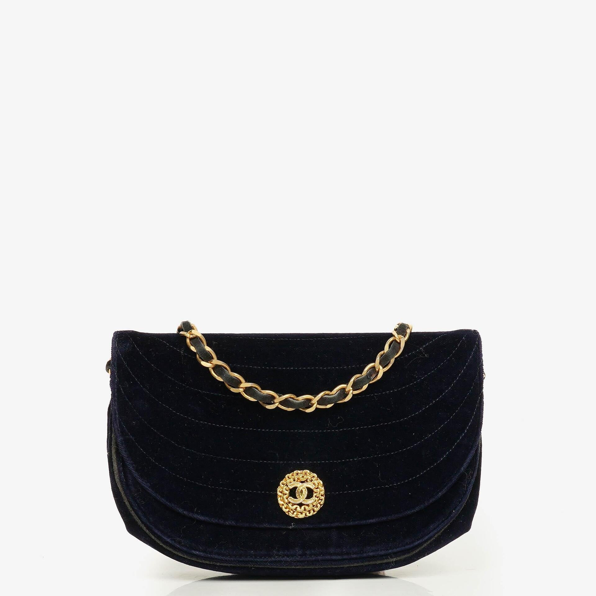 Chanel Kleine Halbmond Navy Samt Klappentasche