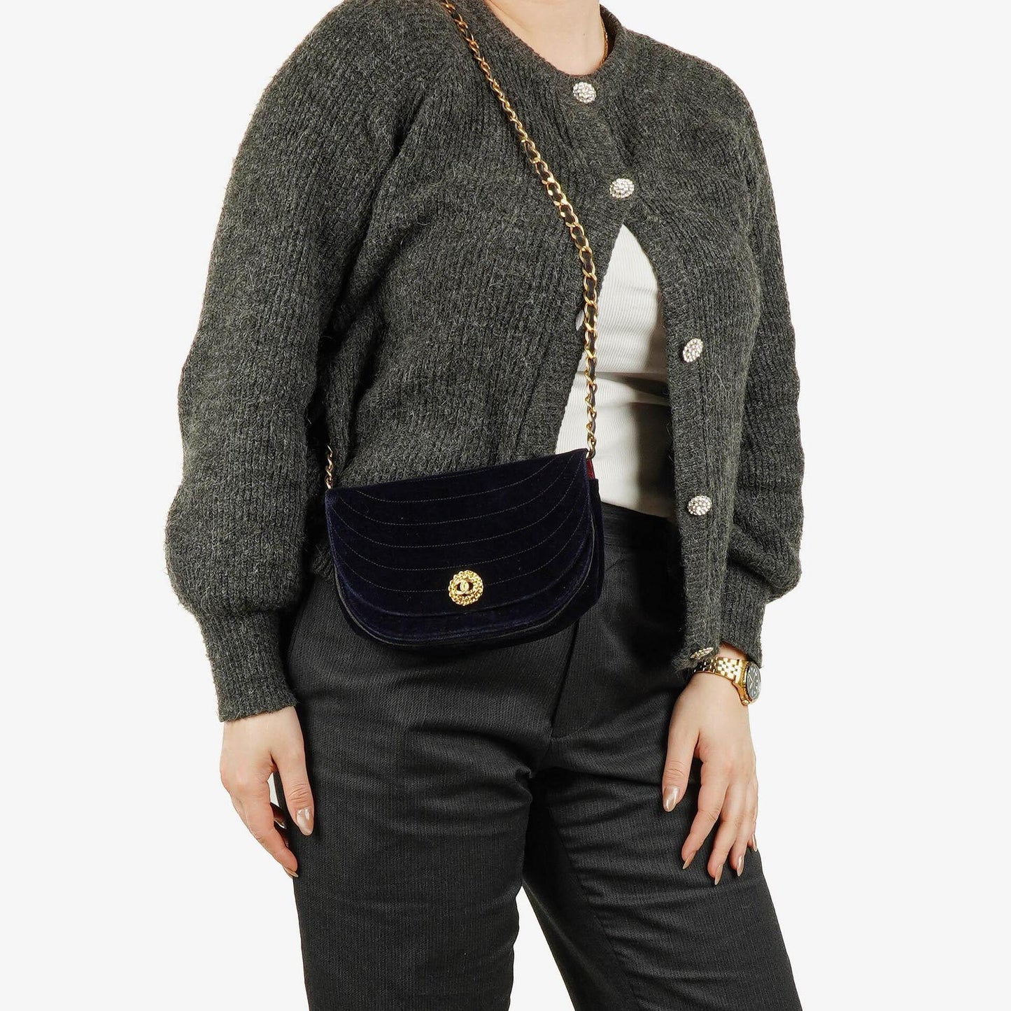 Chanel Kleine Halbmond Navy Samt Klappentasche