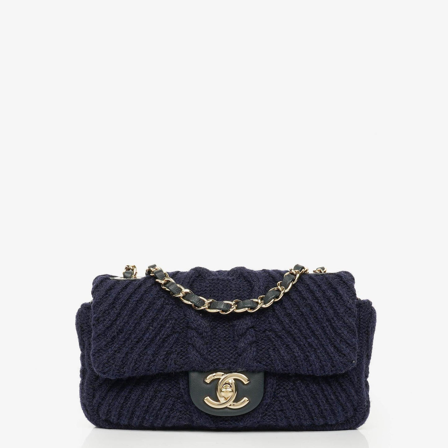 Chanel Kleine Marineblaue Paris-Hamburg Kabelstrick Stoff Mit Kalbsleder Klappe Tasche