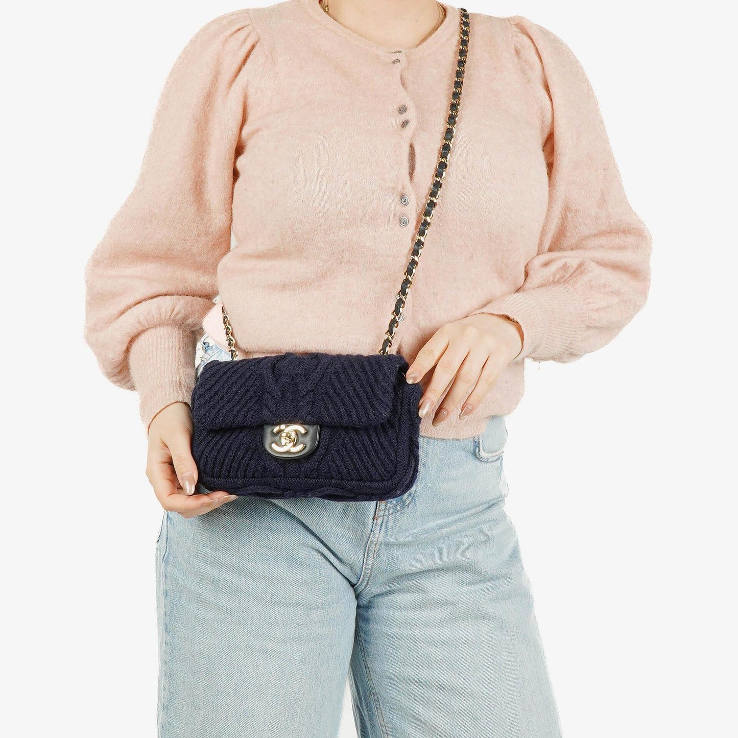 Chanel Kleine Marineblaue Paris-Hamburg Kabelstrick Stoff Mit Kalbsleder Klappe Tasche