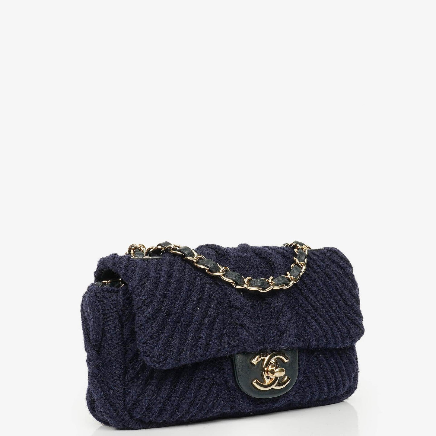 Chanel Kleine Marineblaue Paris-Hamburg Kabelstrick Stoff Mit Kalbsleder Klappe Tasche