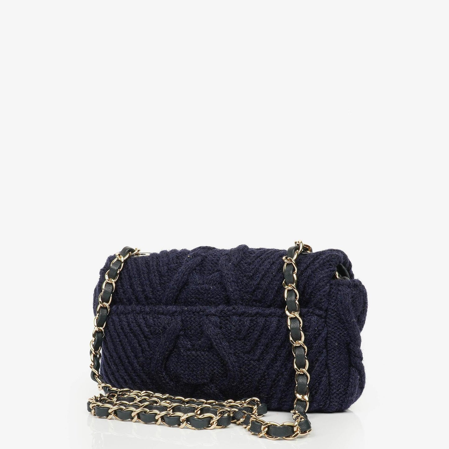 Chanel Kleine Marineblaue Paris-Hamburg Kabelstrick Stoff Mit Kalbsleder Klappe Tasche