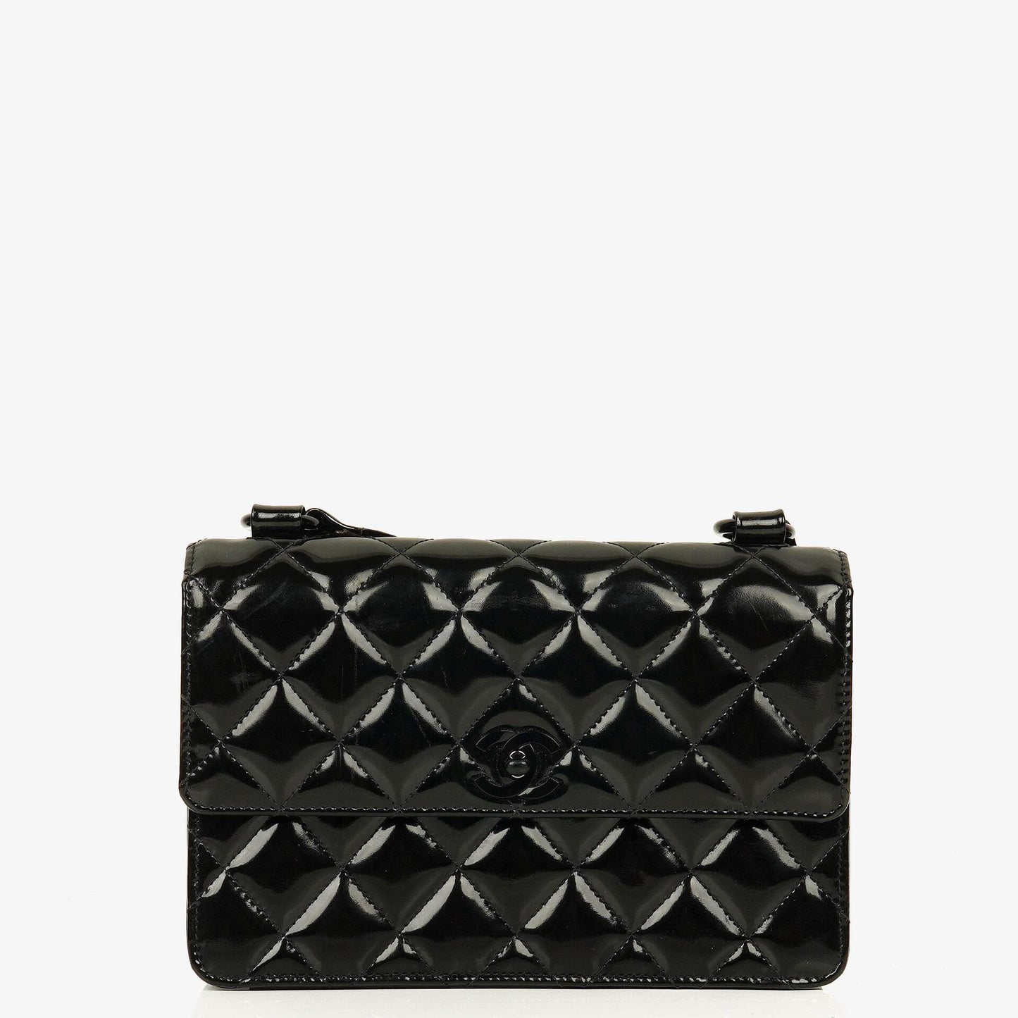 Chanel Small Single Flap Bag aus schwarzem gestepptem Lackleder