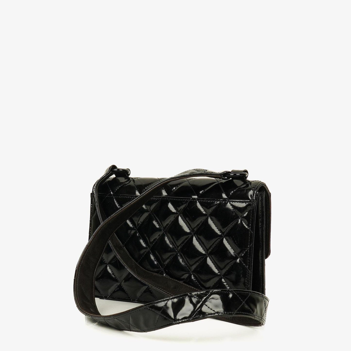 Chanel Small Single Flap Bag aus schwarzem gestepptem Lackleder