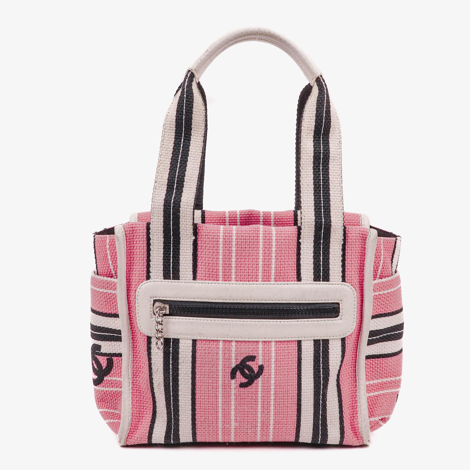 Chanel kleine gestreifte CC Tote Bag aus Canvas in Pink, Weiß und Schwarz
