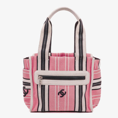 Chanel kleine gestreifte CC Tote Bag aus Canvas in Pink, Weiß und Schwarz