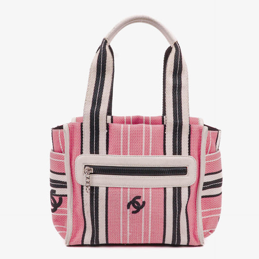 Chanel kleine gestreifte CC Tote Bag aus Canvas in Pink, Weiß und Schwarz