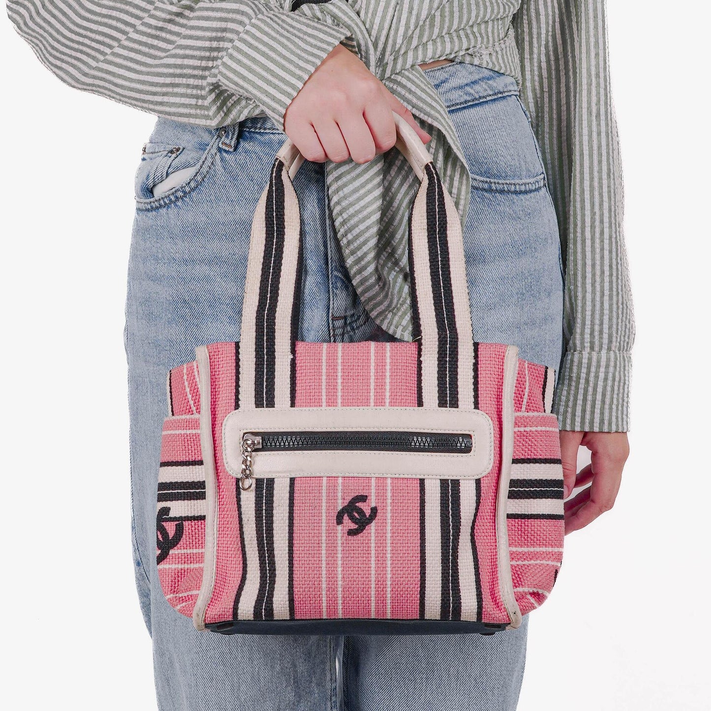 Chanel kleine gestreifte CC Tote Bag aus Canvas in Pink, Weiß und Schwarz