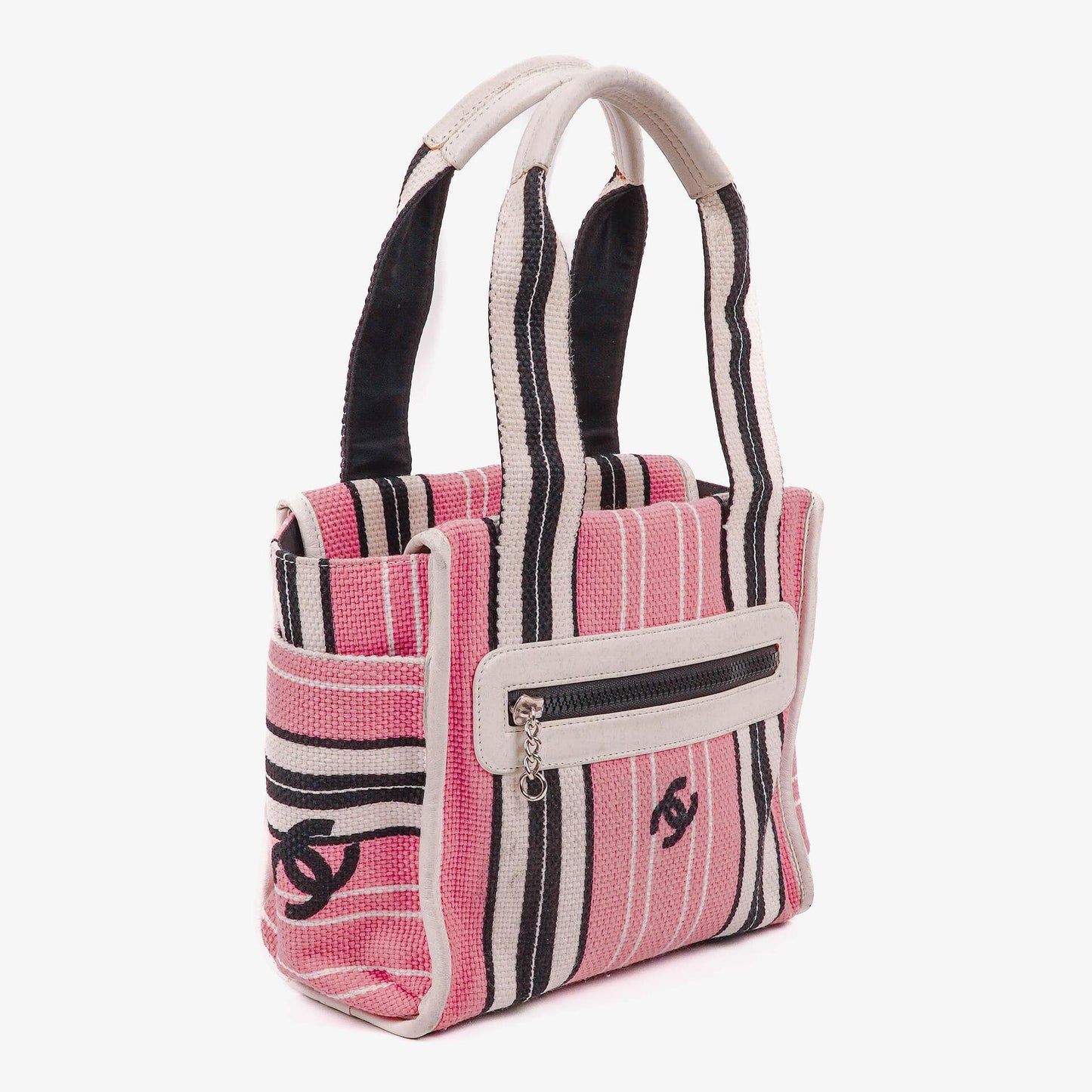 Chanel kleine gestreifte CC Tote Bag aus Canvas in Pink, Weiß und Schwarz