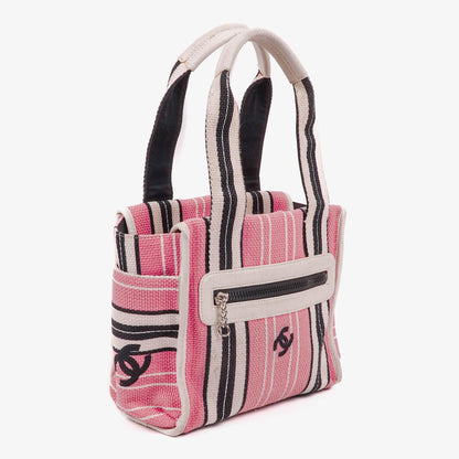Chanel kleine gestreifte CC Tote Bag aus Canvas in Pink, Weiß und Schwarz