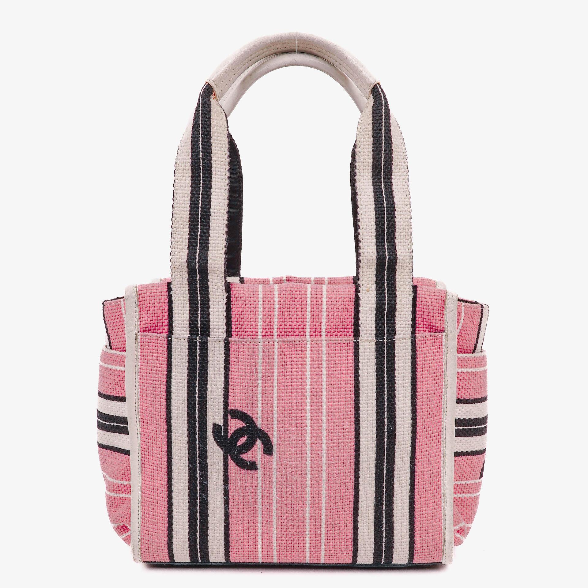 Chanel kleine gestreifte CC Tote Bag aus Canvas in Pink, Weiß und Schwarz