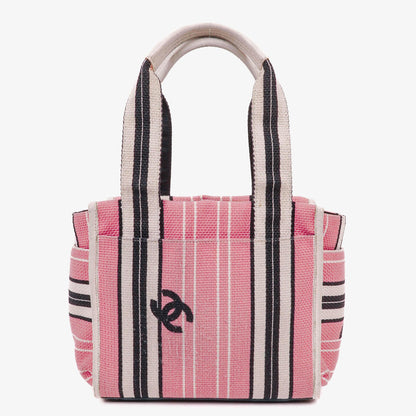 Chanel kleine gestreifte CC Tote Bag aus Canvas in Pink, Weiß und Schwarz