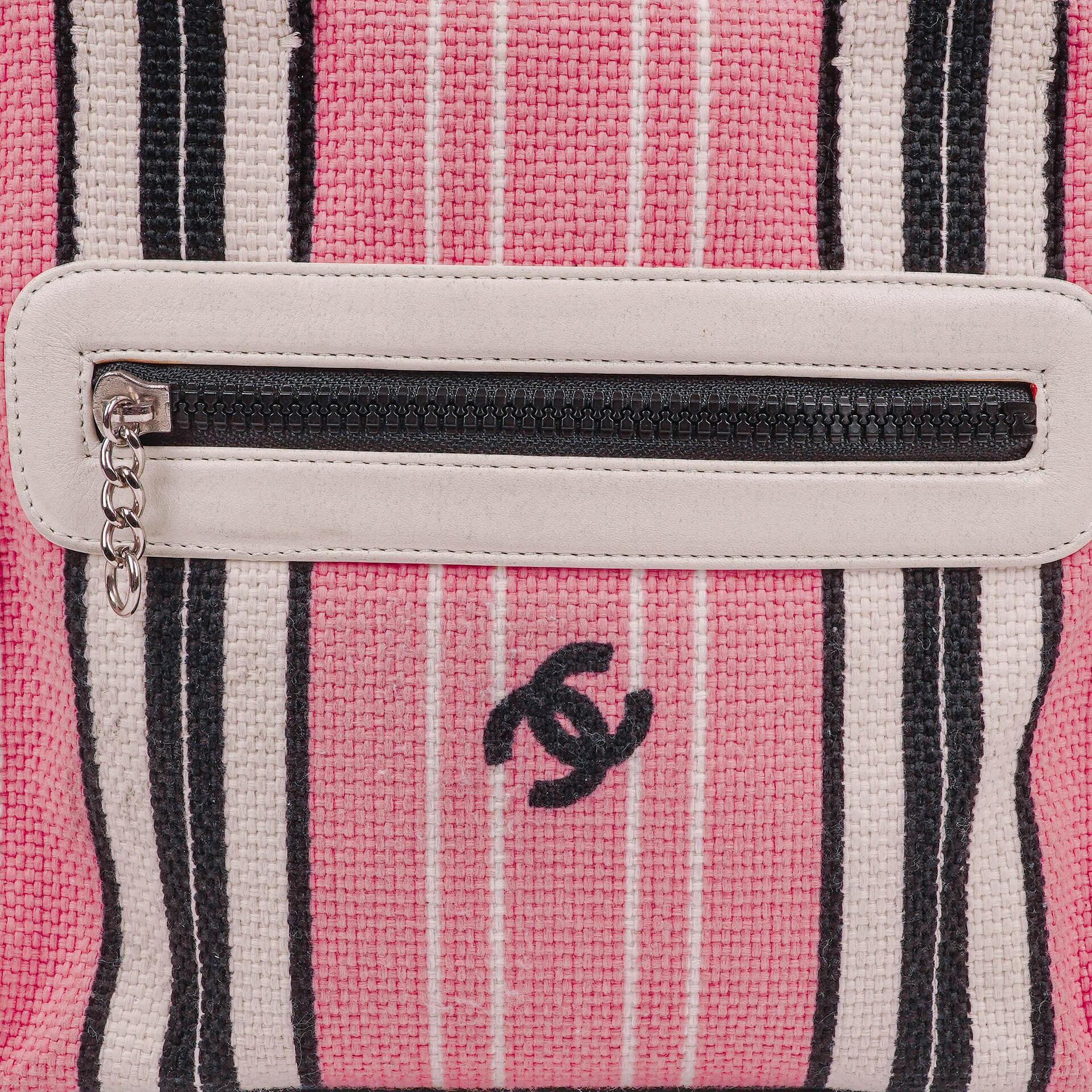 Chanel kleine gestreifte CC Tote Bag aus Canvas in Pink, Weiß und Schwarz