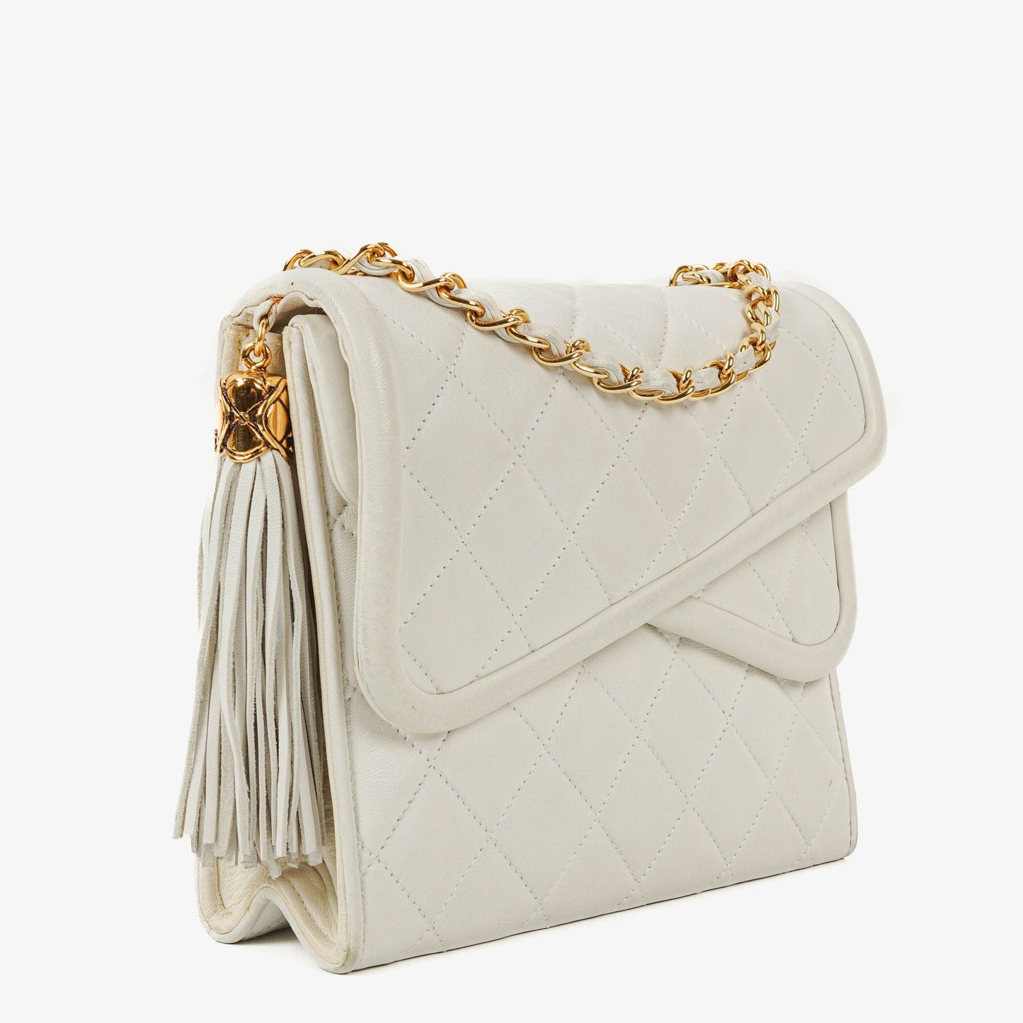 Chanel kleine Tassel Flap Tasche aus weißem gestepptem Lammleder
