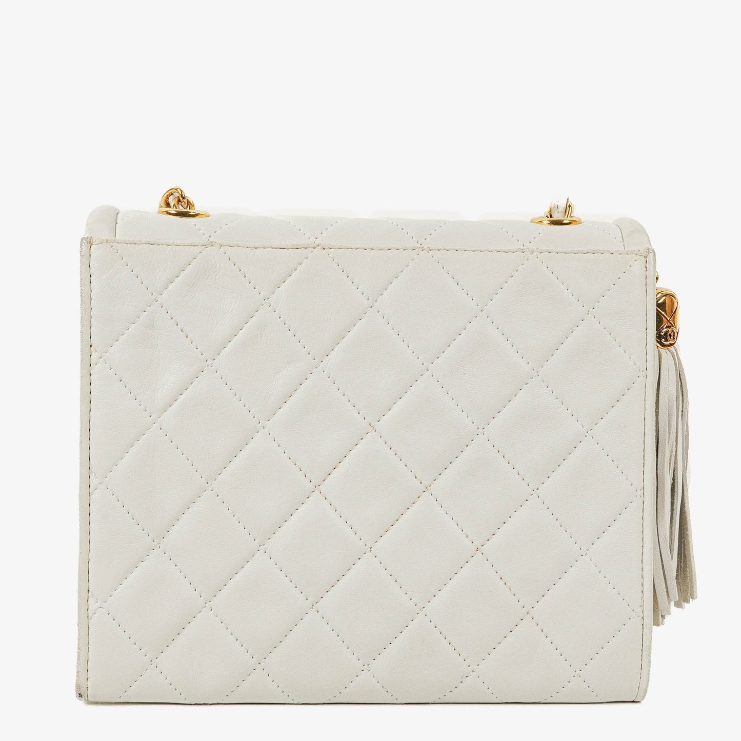 Chanel kleine Tassel Flap Tasche aus weißem gestepptem Lammleder