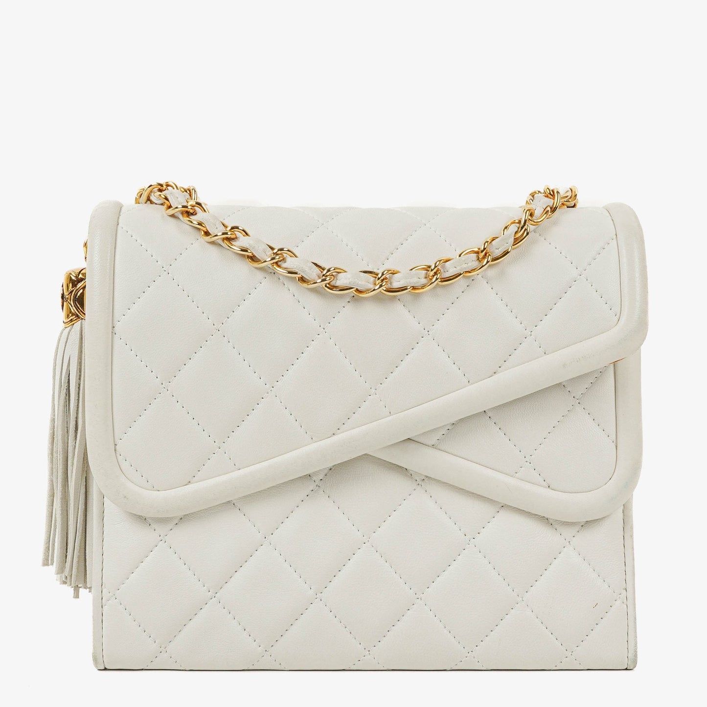 Chanel kleine Tassel Flap Tasche aus weißem gestepptem Lammleder