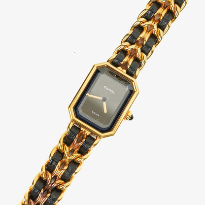 CHANEL Première Quarzuhr 20 mm aus Edelstahl und Lammleder mit goldfarbener Kette Größe L
