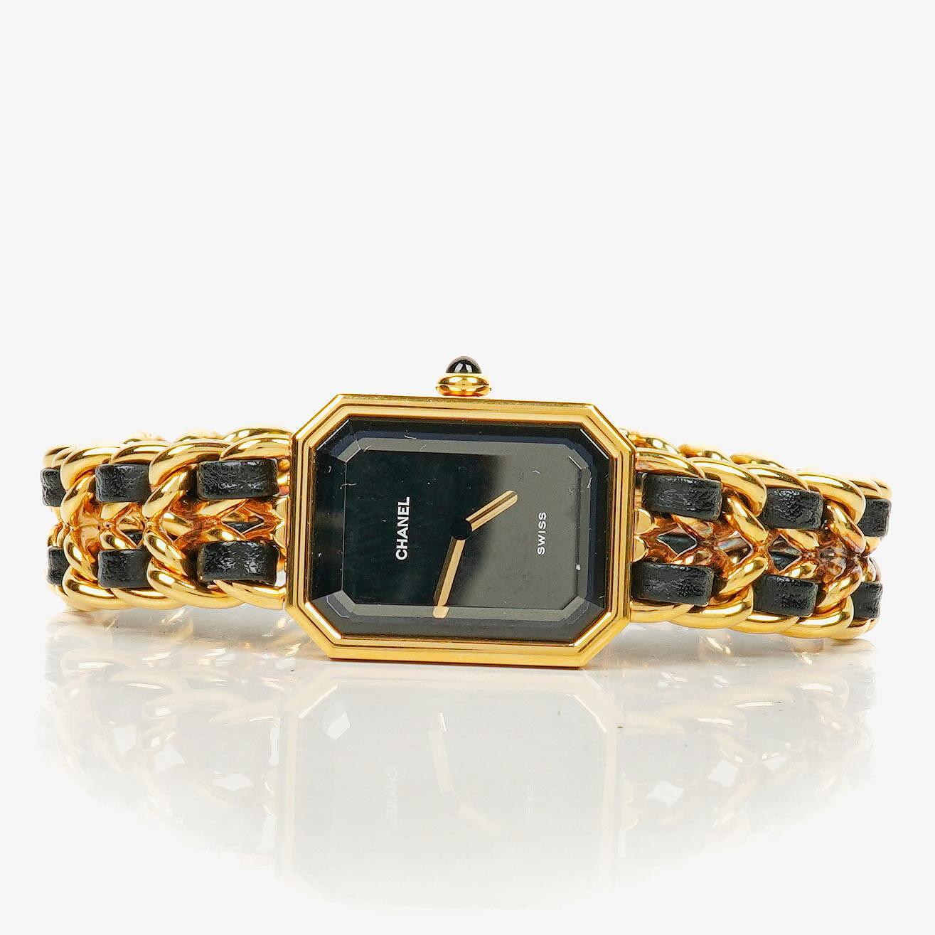 CHANEL Première Quarzuhr 20 mm aus Edelstahl und Lammleder mit goldfarbener Kette Größe L