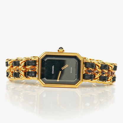 CHANEL Première Quarzuhr 20 mm aus Edelstahl und Lammleder mit goldfarbener Kette Größe L
