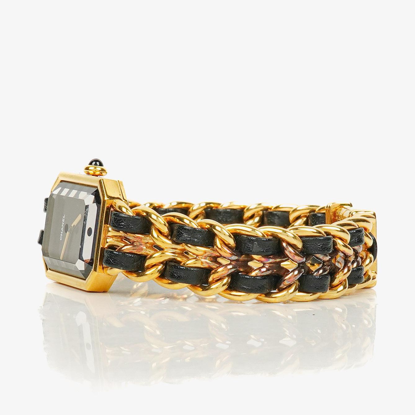CHANEL Première Quarzuhr 20 mm aus Edelstahl und Lammleder mit goldfarbener Kette Größe L