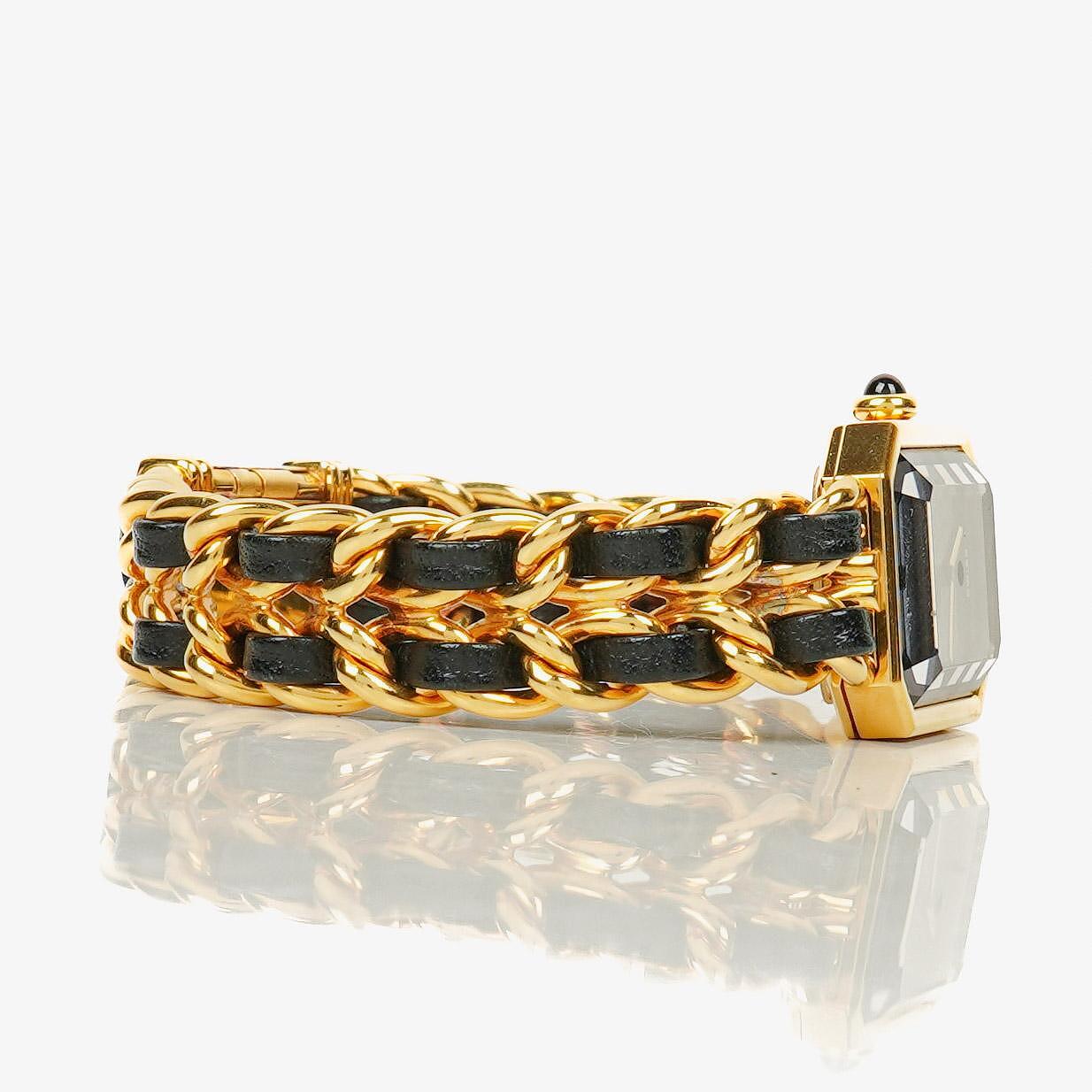 CHANEL Première Quarzuhr 20 mm aus Edelstahl und Lammleder mit goldfarbener Kette Größe L