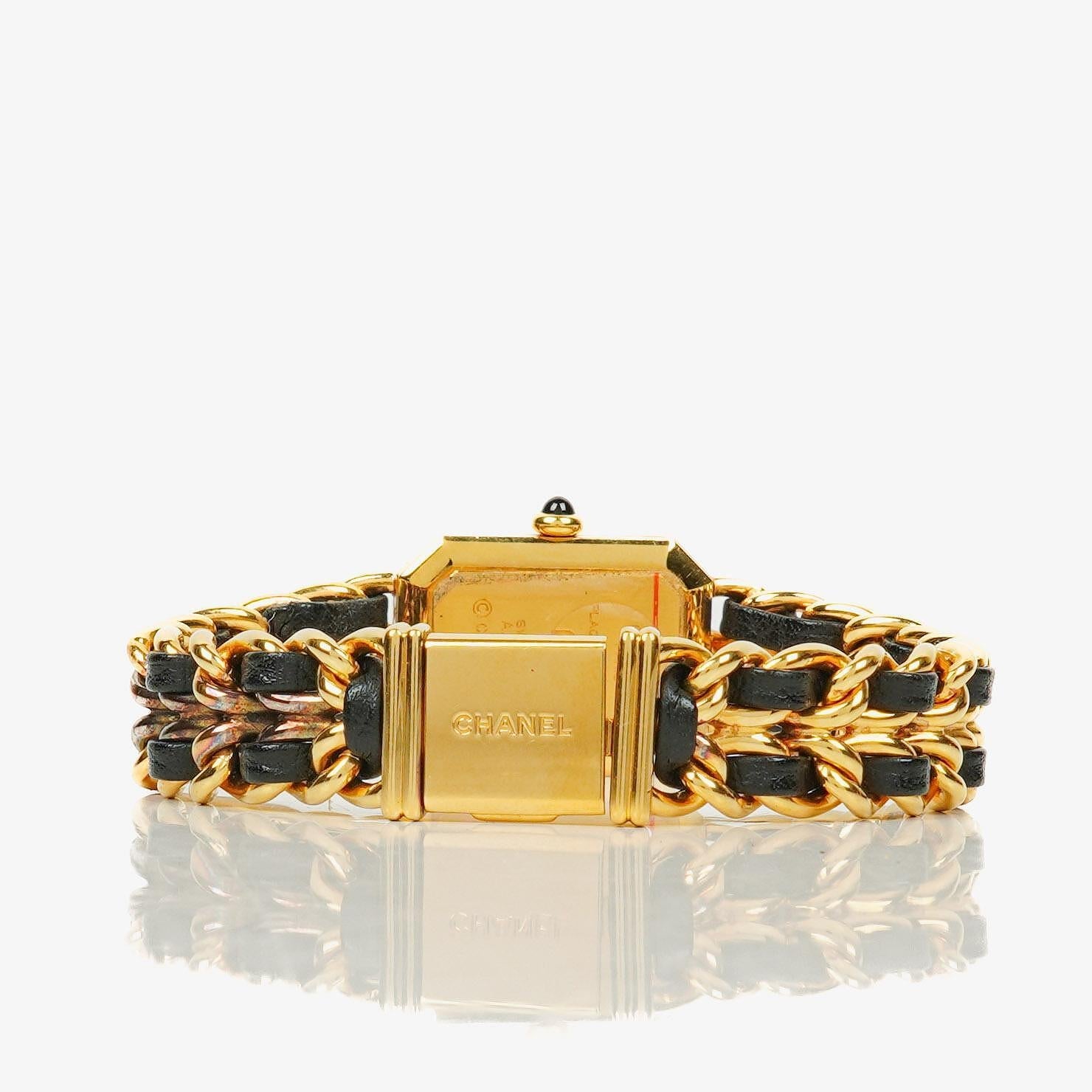 CHANEL Première Quarzuhr 20 mm aus Edelstahl und Lammleder mit goldfarbener Kette Größe L