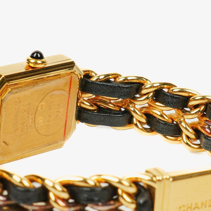 CHANEL Première Quarzuhr 20 mm aus Edelstahl und Lammleder mit goldfarbener Kette Größe L