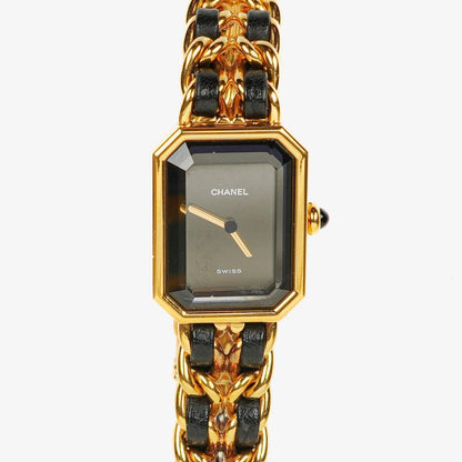 CHANEL Première Quarzuhr 20 mm aus Edelstahl und Lammleder mit goldfarbener Kette Größe L