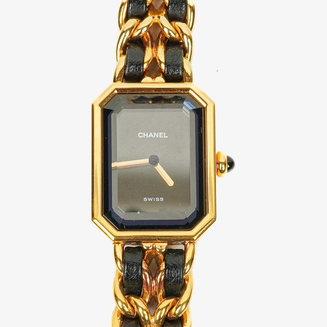 CHANEL Première Quarzuhr 20 mm aus Edelstahl und Lammleder mit goldfarbener Kette Größe L