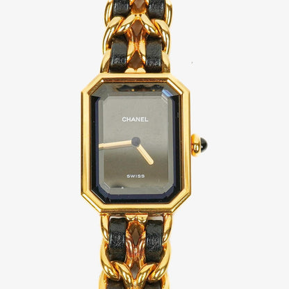 CHANEL Première Quarzuhr 20 mm aus Edelstahl und Lammleder mit goldfarbener Kette Größe L