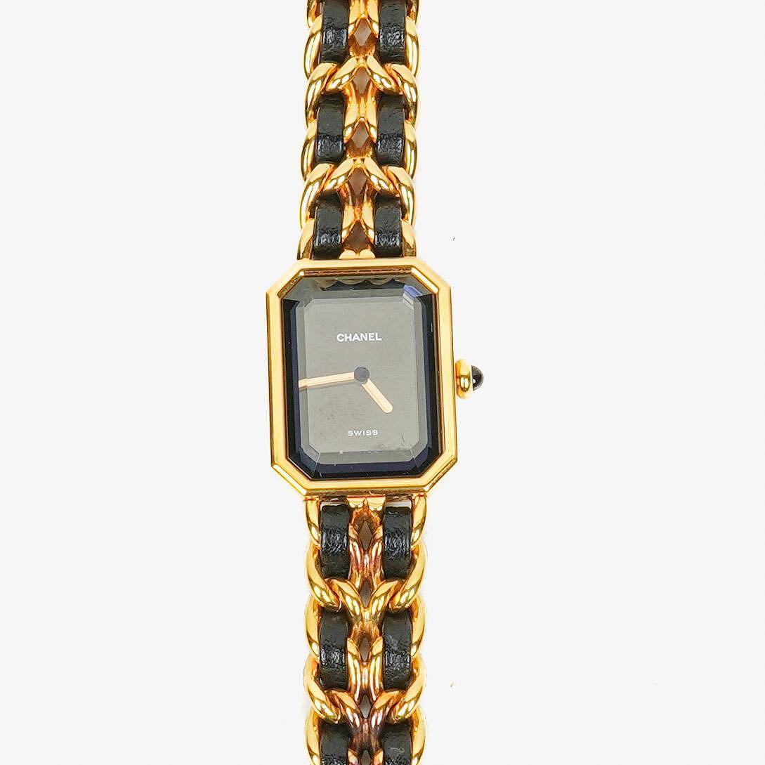 CHANEL Première Quarzuhr 20 mm aus Edelstahl und Lammleder mit goldfarbener Kette Größe L