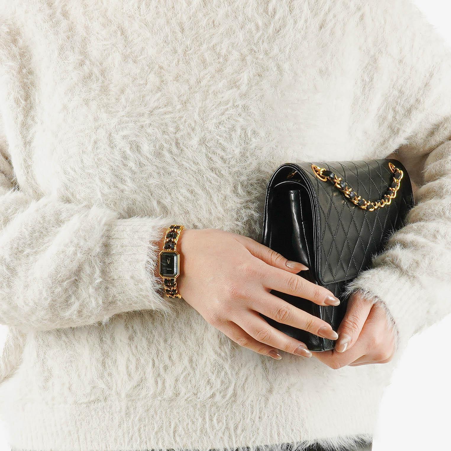 Chanel Première Quarzuhr 20 mm Edelstahl Lammleder Kette Gold Größe L