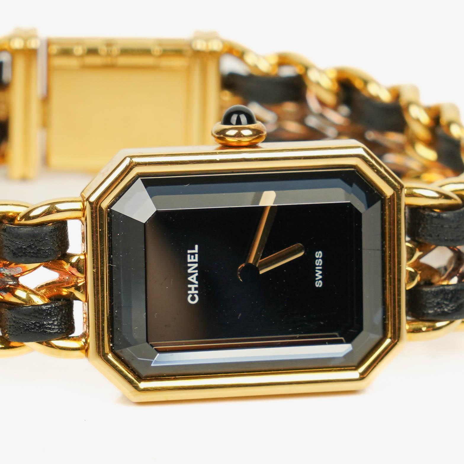 Chanel Première Quarzuhr 20 mm Edelstahl Lammleder Kette Gold Größe L