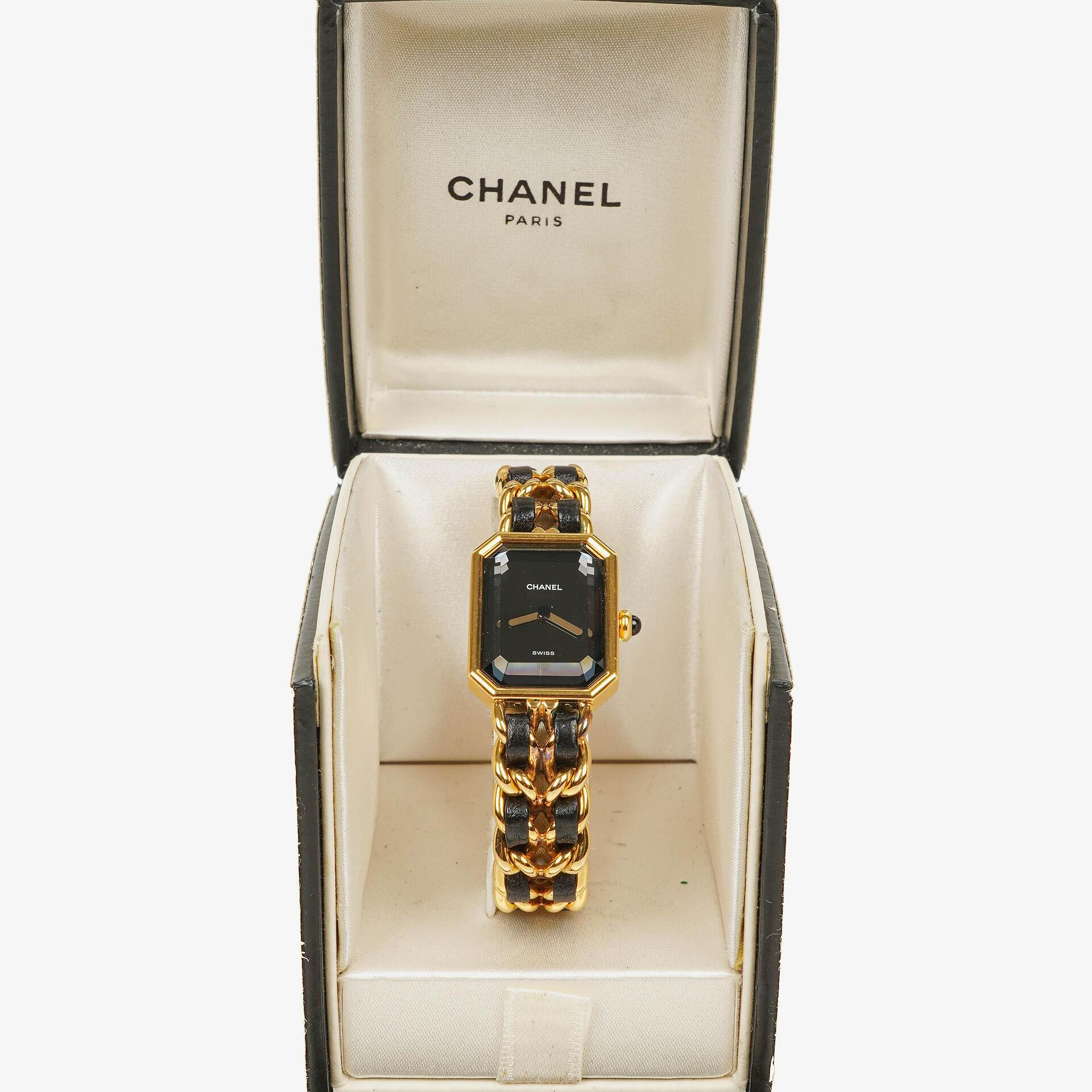 Chanel Première Ketten-Quarzuhr aus Edelstahl und Lammleder, 20 mm, Gold, Größe M