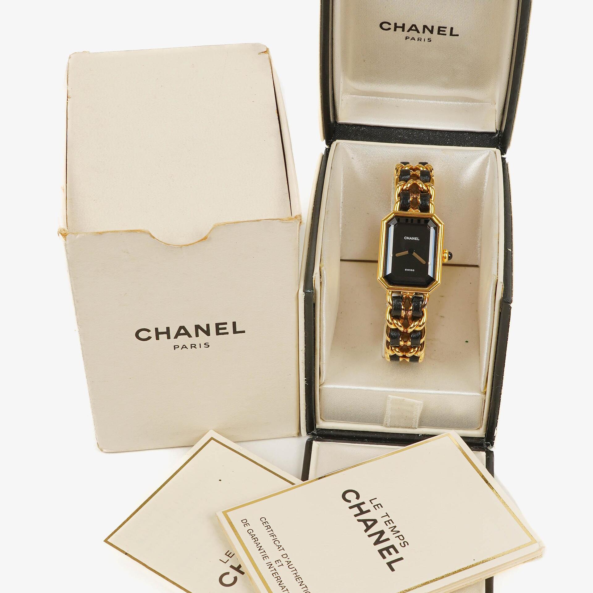 Chanel Première Ketten-Quarzuhr aus Edelstahl und Lammleder, 20 mm, Gold, Größe M