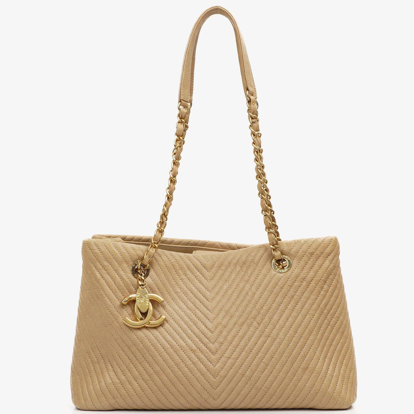 Chanel Surpique Tote Beige Chevron gestepptes Kalbsleder goldfarbene Hardware