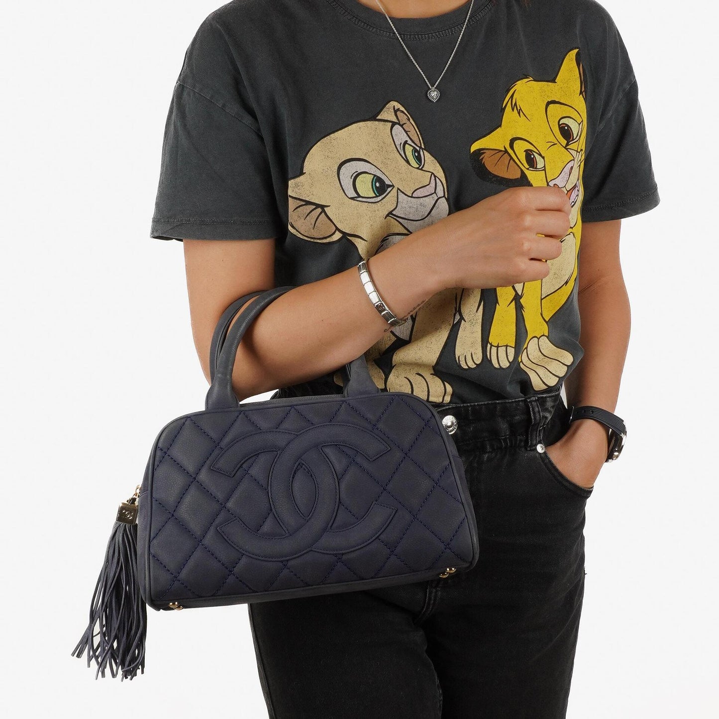 Chanel Timeless CC Mittelgroße Bowling Tasche Marineblau Gestepptes Kaviarleder Goldfarbene Beschläge 2004-2005