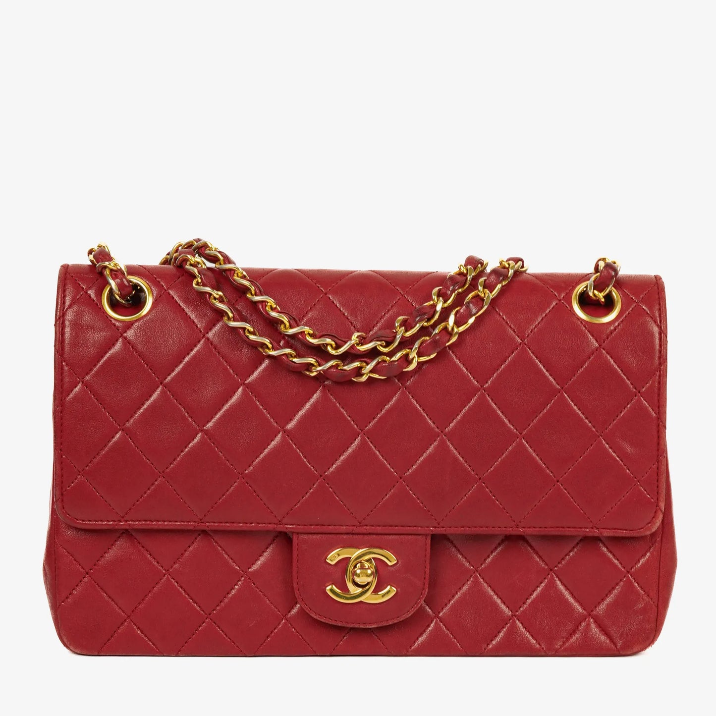 Chanel Timeless Classic Double Flap Bag aus rotem gestepptem Lammleder mit 24K vergoldeter Hardware