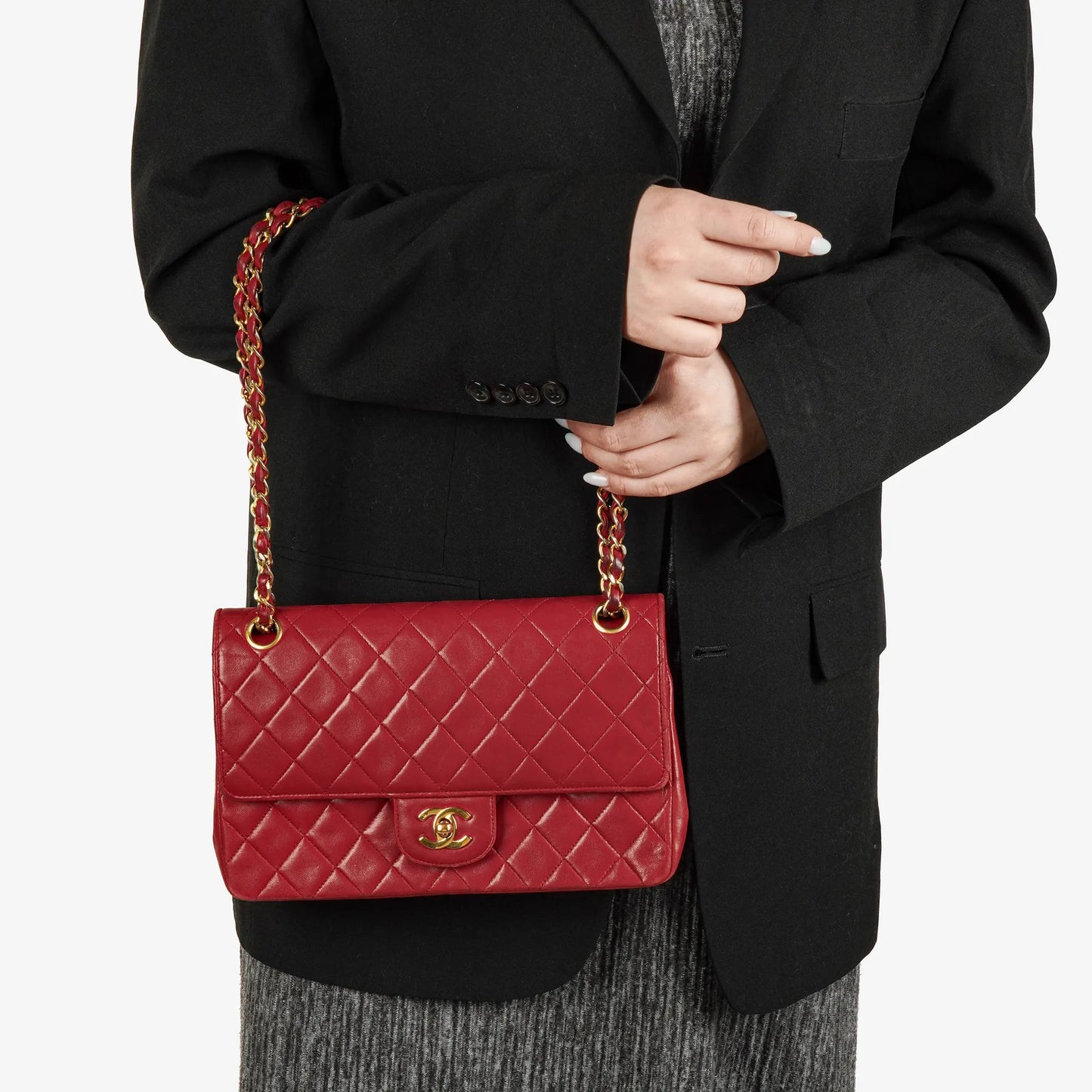 Chanel Timeless Classic Double Flap Bag aus rotem gestepptem Lammleder mit 24K vergoldeter Hardware