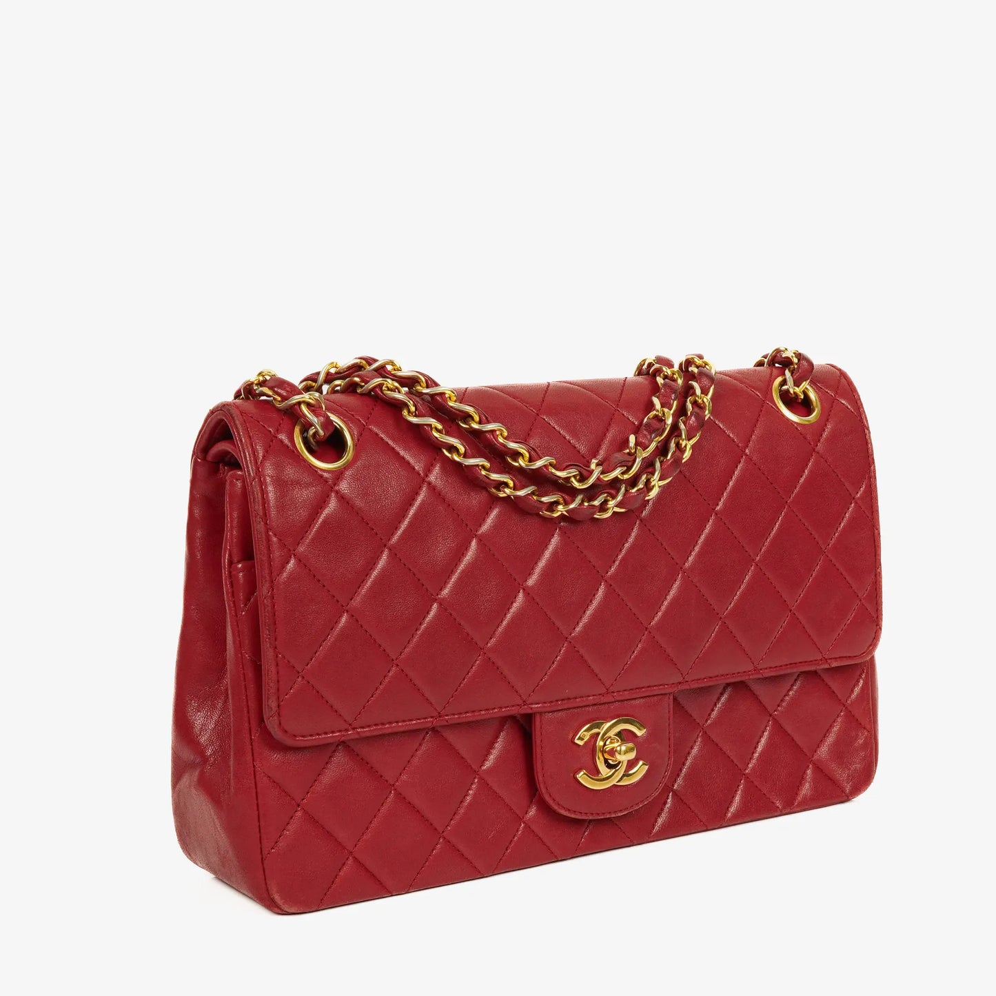 Chanel Timeless Classic Double Flap Bag aus rotem gestepptem Lammleder mit 24K vergoldeter Hardware