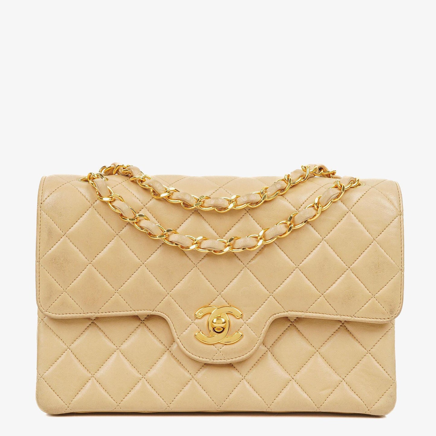 Chanel Timeless Classic Kleine Double Flap Tasche in Beige Stepp-Lammleder und 24K Vergoldeter Hardware