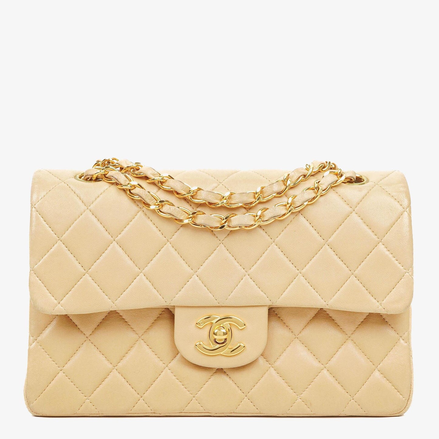 Chanel Timeless Classic Small Double Flap Tasche aus beigem gestepptem Lammleder mit 24K vergoldeten Beschlägen