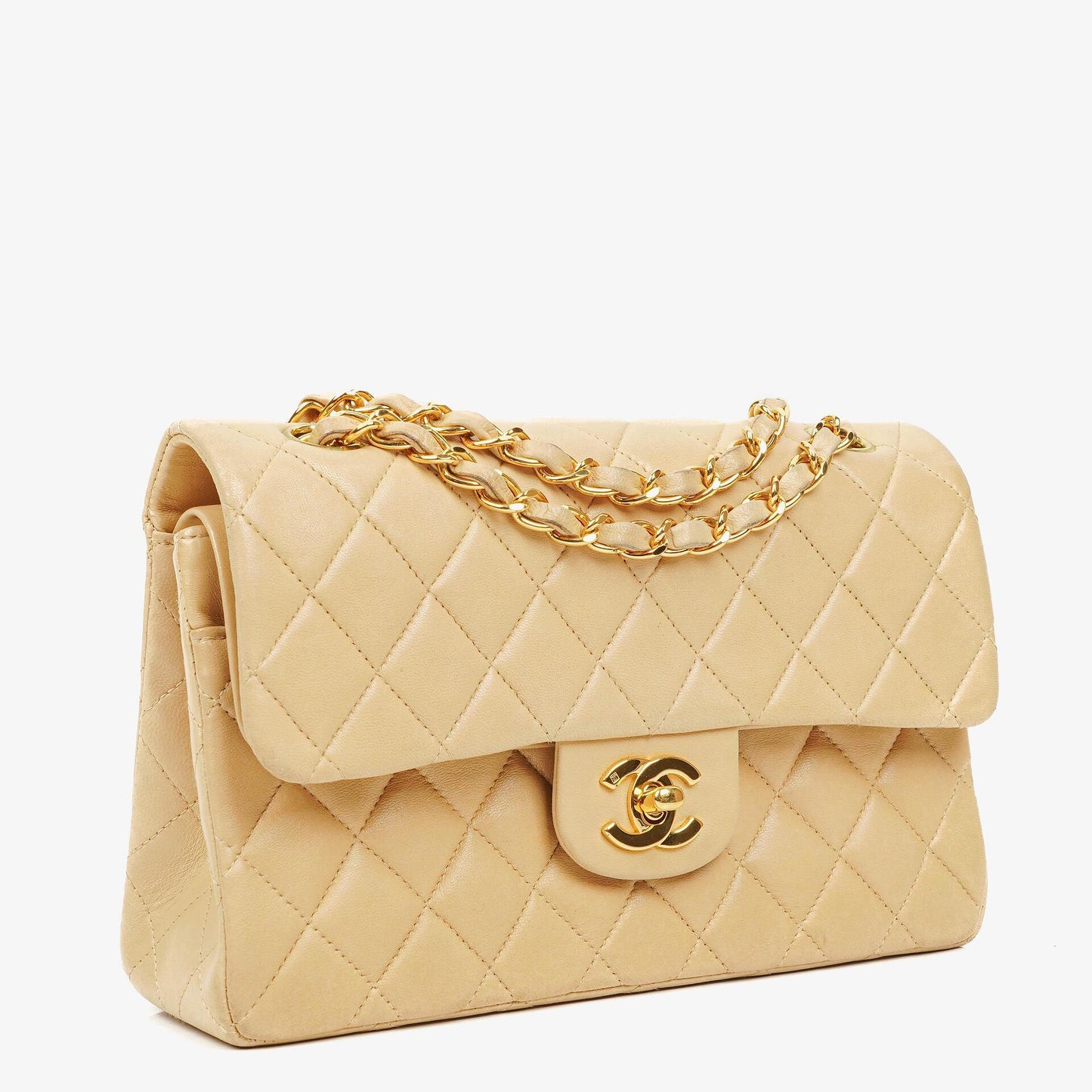 Chanel Timeless Classic Small Double Flap Tasche aus beigem gestepptem Lammleder mit 24K vergoldeten Beschlägen