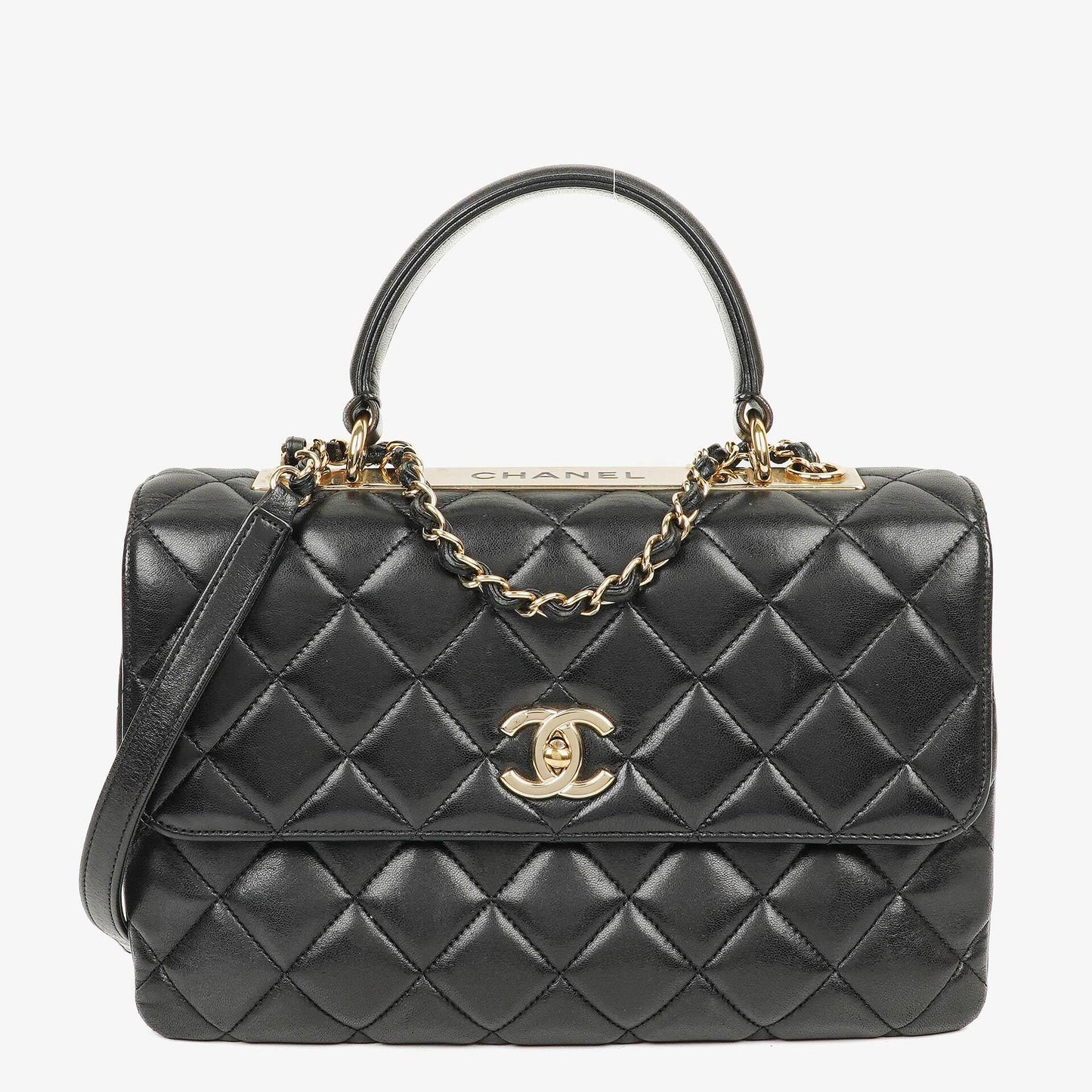Chanel Trendy CC Large Klappentasche aus schwarzem gestepptem Lammleder mit doppelten Henkeln