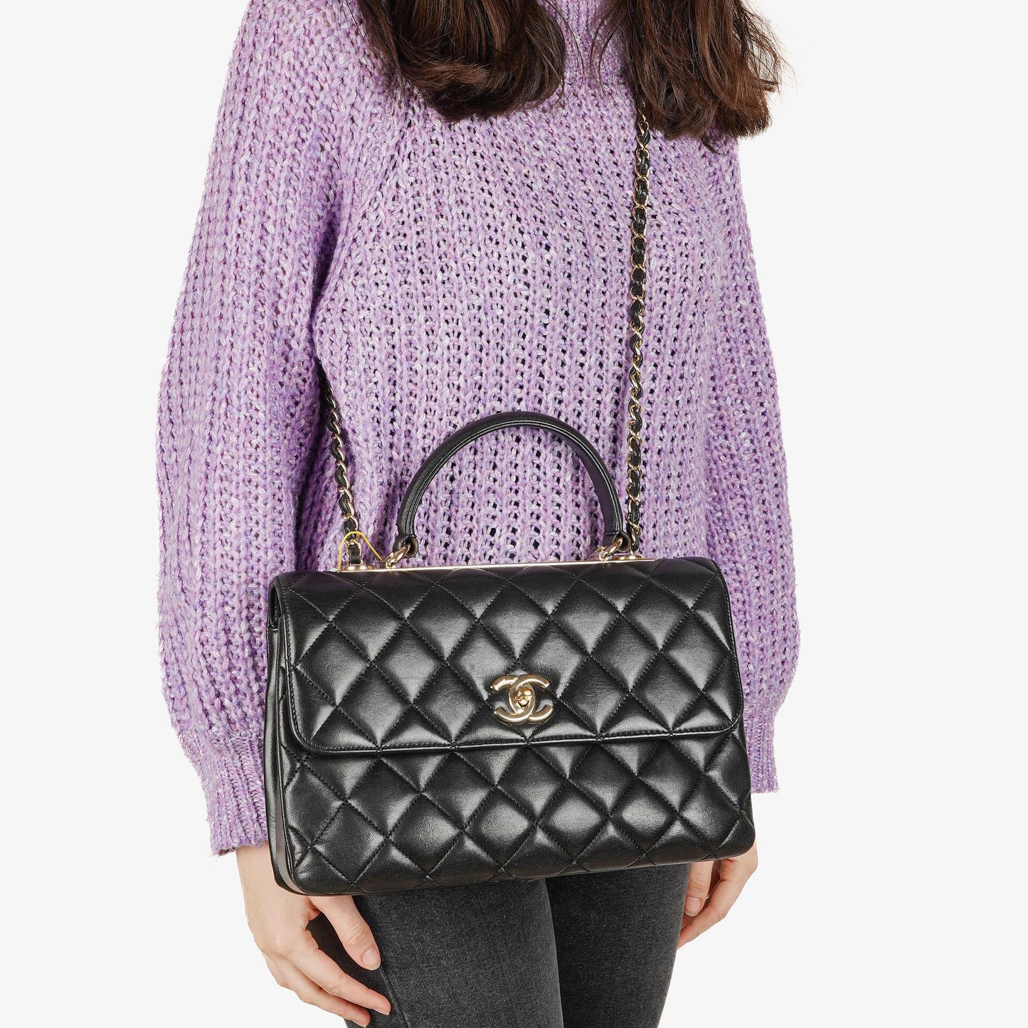 Chanel Trendy CC Large Klappentasche aus schwarzem gestepptem Lammleder mit doppelten Henkeln