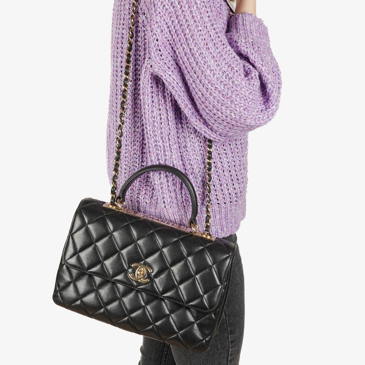 Chanel Trendy CC Large Klappentasche aus schwarzem gestepptem Lammleder mit doppelten Henkeln