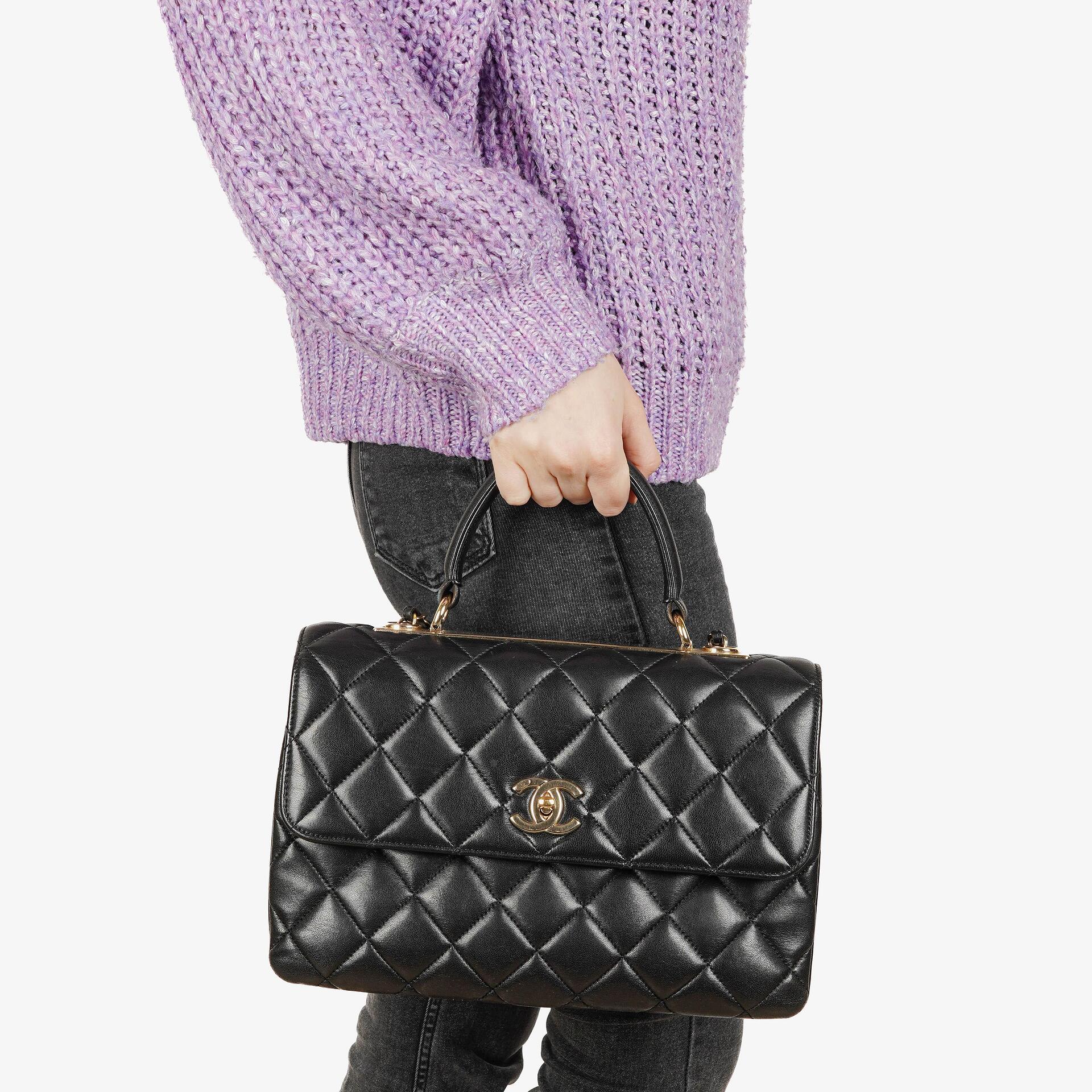 Chanel Trendy CC Large Klappentasche aus schwarzem gestepptem Lammleder mit doppelten Henkeln