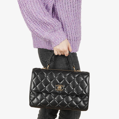 Chanel Trendy CC Large Klappentasche aus schwarzem gestepptem Lammleder mit doppelten Henkeln