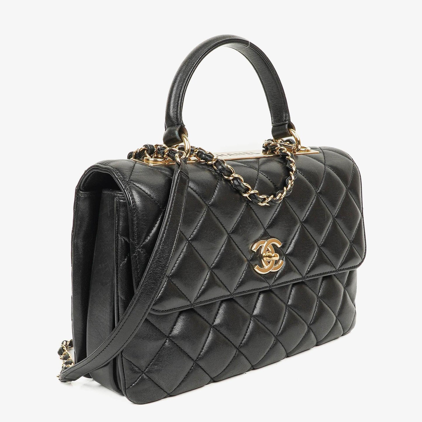 Chanel Trendy CC Large Klappentasche aus schwarzem gestepptem Lammleder mit doppelten Henkeln